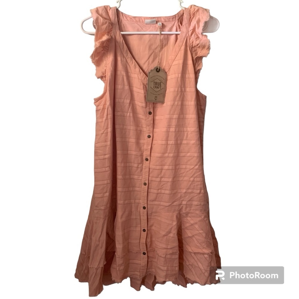 True Craft Boho Flowy Summer Dress Large​ Peach Button up Tiered Flounce Ruffle